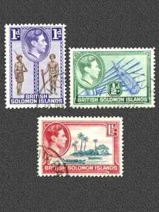 Соломоновы острова-1939. Король Георг VI. Культурные традиции, предметы быта, оружие и виды островов. Серия из 3 почтовых марок. Гашение