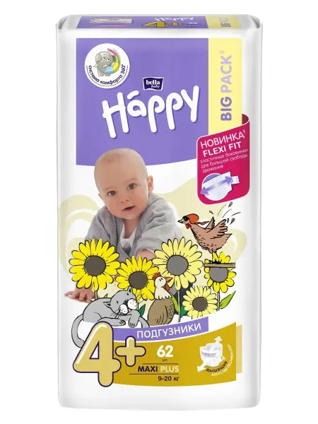 Bella baby HAPPY Подгузники детские Maxi Plus, 4 + размер, вес 9-20 кг, 62 шт