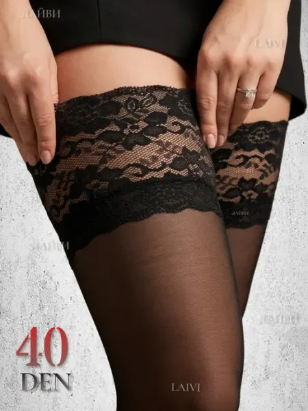 LAIVI Чулки черные с широким кружевом, под пояс 40 DEN