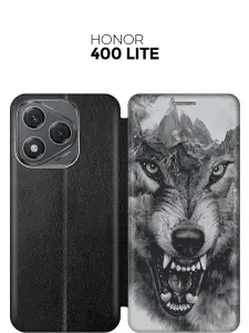 Чехол-книжка на Honor 400 Lite с принтом "Волк в горах" черный