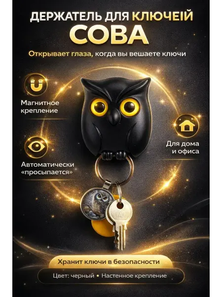 ПАЗИ Магнитный держатель ключей Сова с умными глазами, чёрный