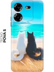 Силиконовый чехол на Tecno Pova 5 с принтом "Белая кошка и черный кот"