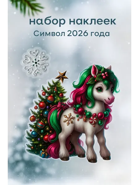 Наклейка на окно Символ года Лошадка и снежинка