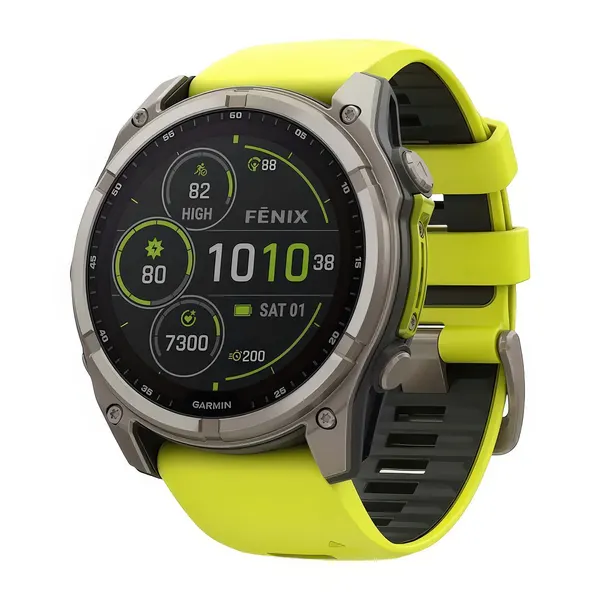 Часы Garmin fenix 8 - 51 mm, Solar Sapphire Carbon Gray DLC Titanium with Amp Yellow/Graphite Silicone Band