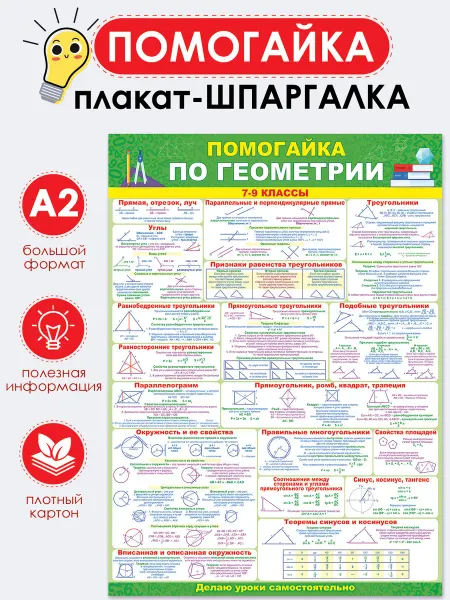 ТМ Помогайка Обучающий плакат Помогайка по геометрии 7-9 класс на стену