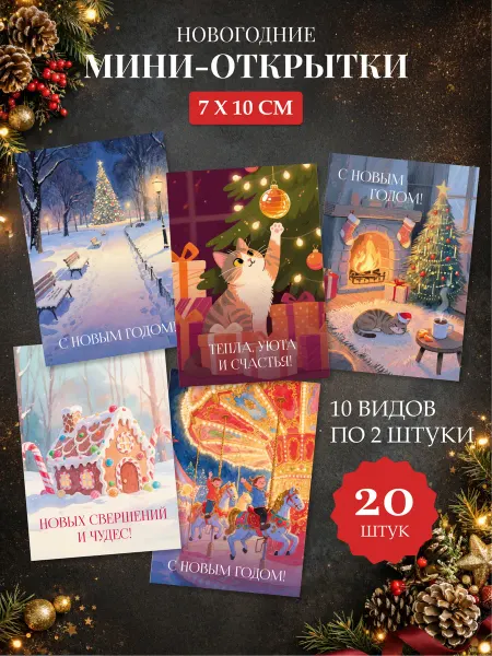 Lentoria Набор новогодних мини-открыток 20 шт, размер 7х10 см