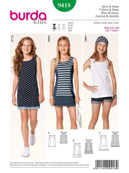 Burda Выкройка 9418 Топ, Платье
