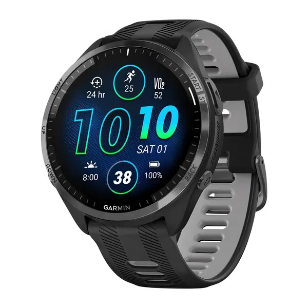 Умные часы Garmin Forerunner 965, Carbon Gray DLC Titanium Bezel Black Case Black/Powder Gray Silicone