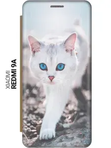 Чехол-книжка на Xiaomi Redmi 9A / Сяоми Редми 9А с принтом "Голубоглазый кот" золотой