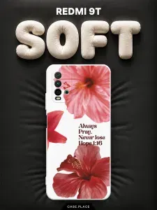Чехол на Xiaomi Redmi 9T Soft Touch с принтом "Красные цветы с надписью"