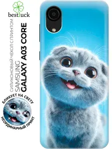 Силиконовый чехол на Samsung Galaxy A03 Core с принтом "Серый котик на голубом"