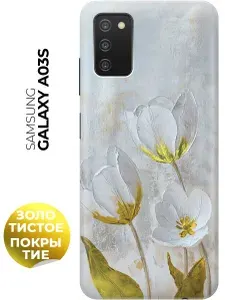 Силиконовый чехол на Samsung Galaxy A03s с принтом "Белые тюльпаны" прозрачный