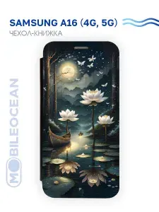Чехол на Samsung A16 (A165, A166) с рисунком, защитный, противоударный, с магнитом, черный с принтом ВОЛШЕБНЫЙ ЛОТОС / Самсунг Галакси А16 А165 А166