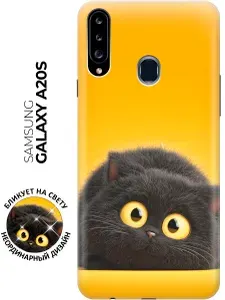 Силиконовый чехол на Samsung Galaxy A20s с принтом "Чёрный кот на солнечном фоне"
