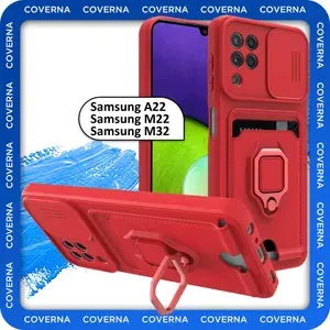 Чехол противоударный на Самсунг А22, М32, М22, для Samsung A22, M32, M22 с защитной шторкой для камеры, карманом для карт и кольцом подставкой, красный