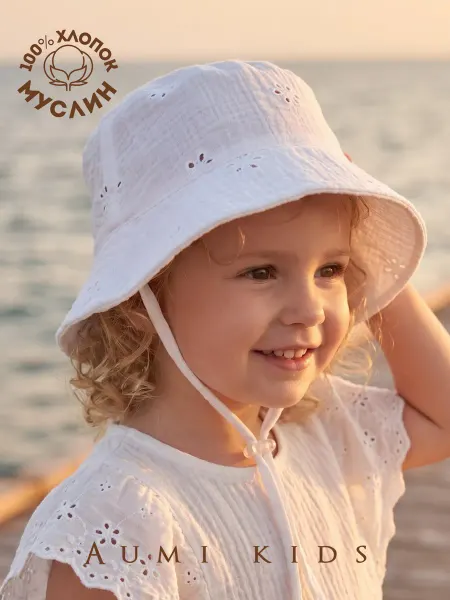Aumi kids Панама детская для девочек летняя муслиновая с завязками