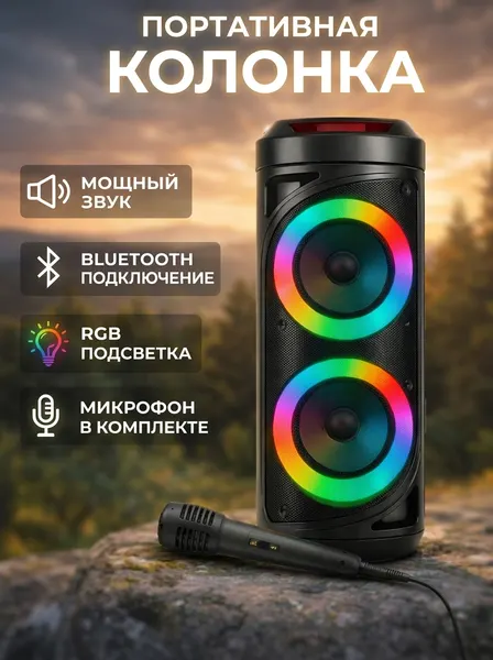 Портативная акустика bluetooth колонка музыкальная беспроводная, большая, мощная, с микрофоном, RGB подсветка