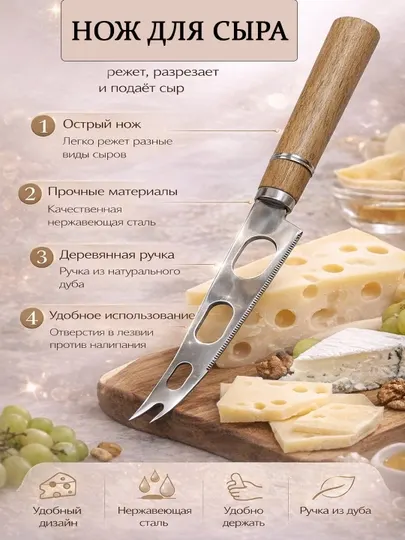 Нож для сыра, из нержавеющей стали, с деревянной ручкой, сырный нож с отверстиями