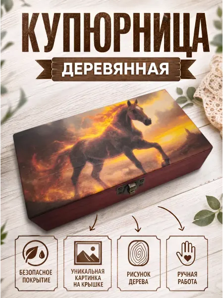 "Деревяшки от Ивашки" Шкатулка подарочная купюрница огненная лошадь