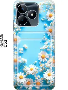 Силиконовый чехол на Realme C53 / C51 с принтом "Ромашки на голубом" с карманом для карты