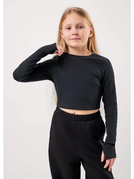 CLEVER WEAR Лонгслив для девочки в рубчик укороченный