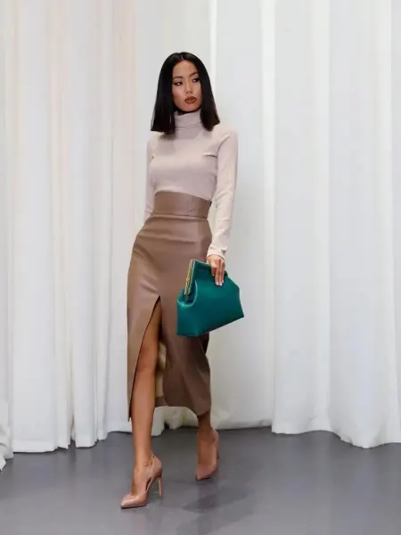 Dress No Stress Юбка кожаная миди карандаш с разрезом