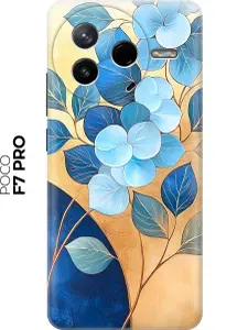 Силиконовый чехол на Poco F7 Pro с принтом "Синие листья на золотом"