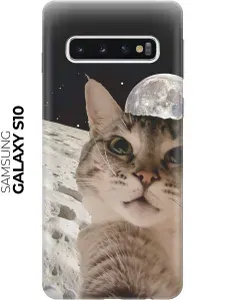 Силиконовый чехол на Samsung Galaxy S10 с принтом "Котик на луне"