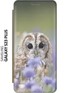 Чехол-книжка на Samsung Galaxy S23+ / Самсунг С23 Плюс c принтом "Сова и васильки" золотистый