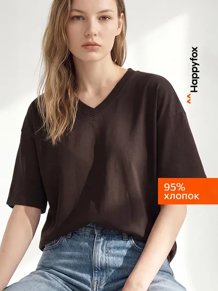 Happyfox Футболка оверсайз с V-вырезом хлопковая базовая