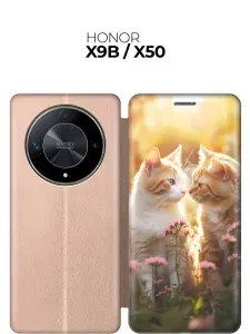 Чехол-книжка на Honor X9b / X50 с принтом "Влюбленные котики" золотой