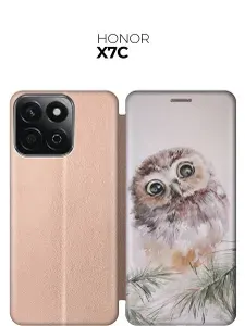 Чехол-книжка на Honor X7C с принтом "Совенок" золотой