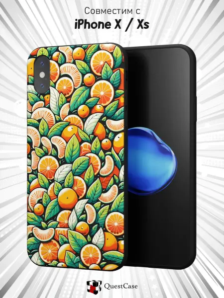 QuestCase Чехол на iPhone X и XS с принтом Мандарины
