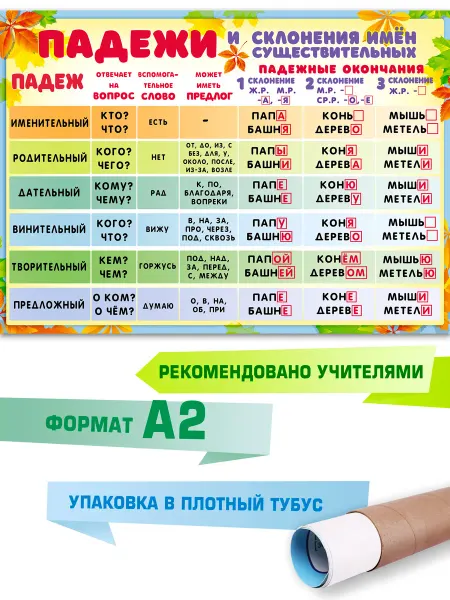 ЗАЙЧИКОВА Обучающий плакат детский на стену по русскому языку падежи