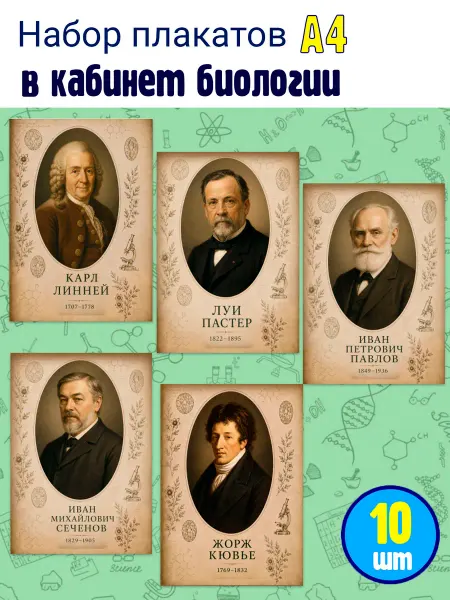 KORMARIY Набор плакатов А4 Портреты в кабинет биологии