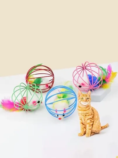 Игрушка для кошек мыши в клетке, устойчивая к укусам, с колокольчиком, цвет случайный