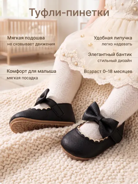 MiniVini Туфли-пинетки для малыша черные с бантиком на липучке