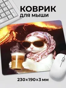 Коврик для мышки прикол мем "Котик в очках с кофе в платочке"