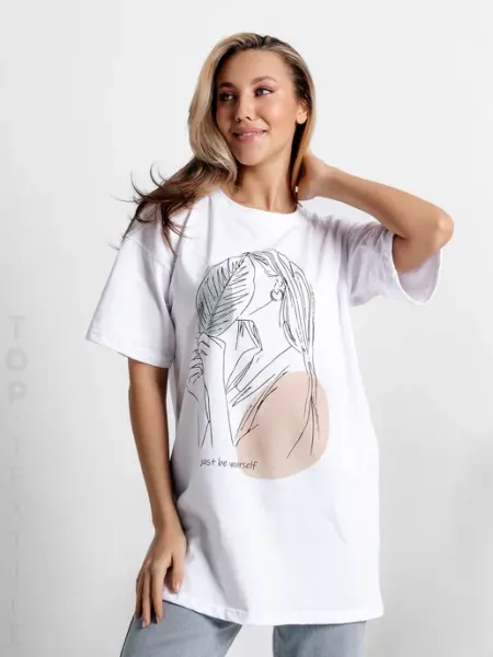 TOP Textile Футболка оверсайз белая с принтом хлопок