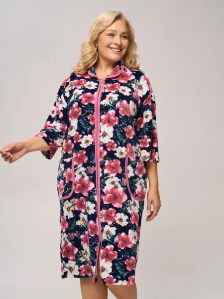 Wakas Textile Домашний велюровый халат на молнии теплый больших размеров