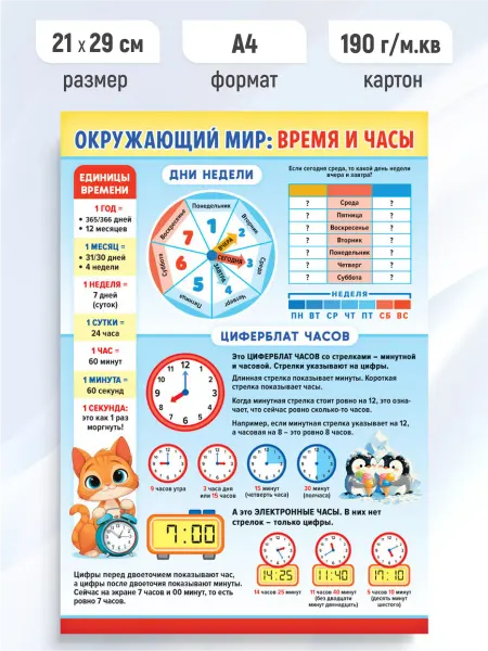 Линия успеха Детский обучающий плакат Время и часы А4