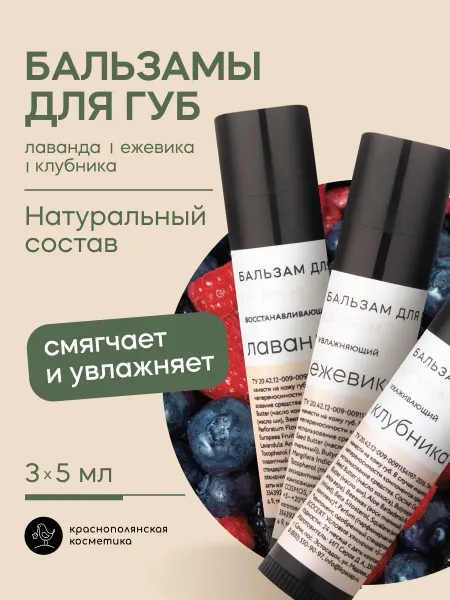 КРАСНОПОЛЯНСКАЯ КОСМЕТИКА Набор Бальзам для губ увлажняющий стик Лаванда, Ежевика, Клу…