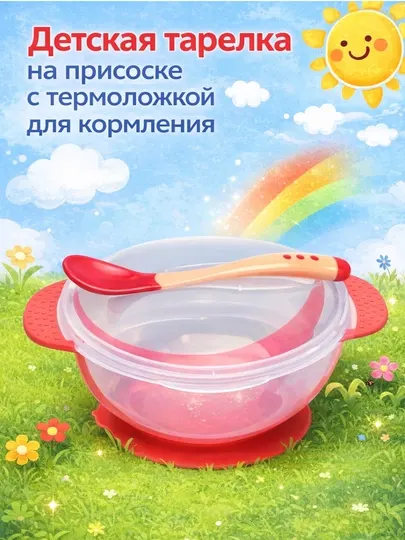 Детская тарелка для кормления, с термо-ложкой, на присоске, для первого прикорма