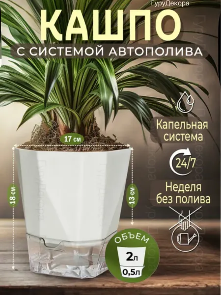 ГуруДекора Горшок с самополивом по фитилю 2л