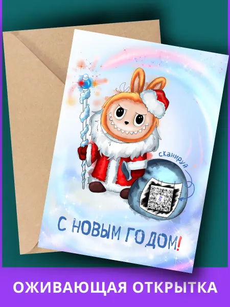 Оживающие открытки с QR кодом Оживающая новогодняя открытка Лабубу с QR кодом