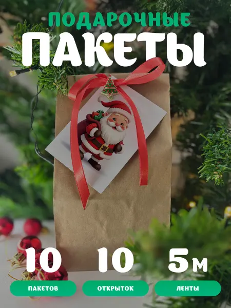 ПодариОК Крафт пакеты подарочные новогодние маленькие 10 шт