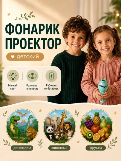 Детский фонарь-проектор: с изображениями динозавров, животных и фруктов