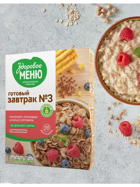 ЗДОРОВОЕ МЕНЮ Хлопья кукурузно-гречневые с отрубями №3 без сахара 200 гр