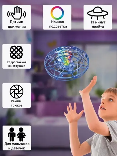 Игрушка-дрон — мини летающий шар, управляемый жестами, с защитой от столкновений