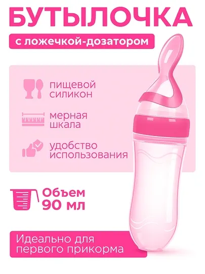Бутылочка-дозатор с ложечкой для комфортного кормления малыша, выполнена из силикона